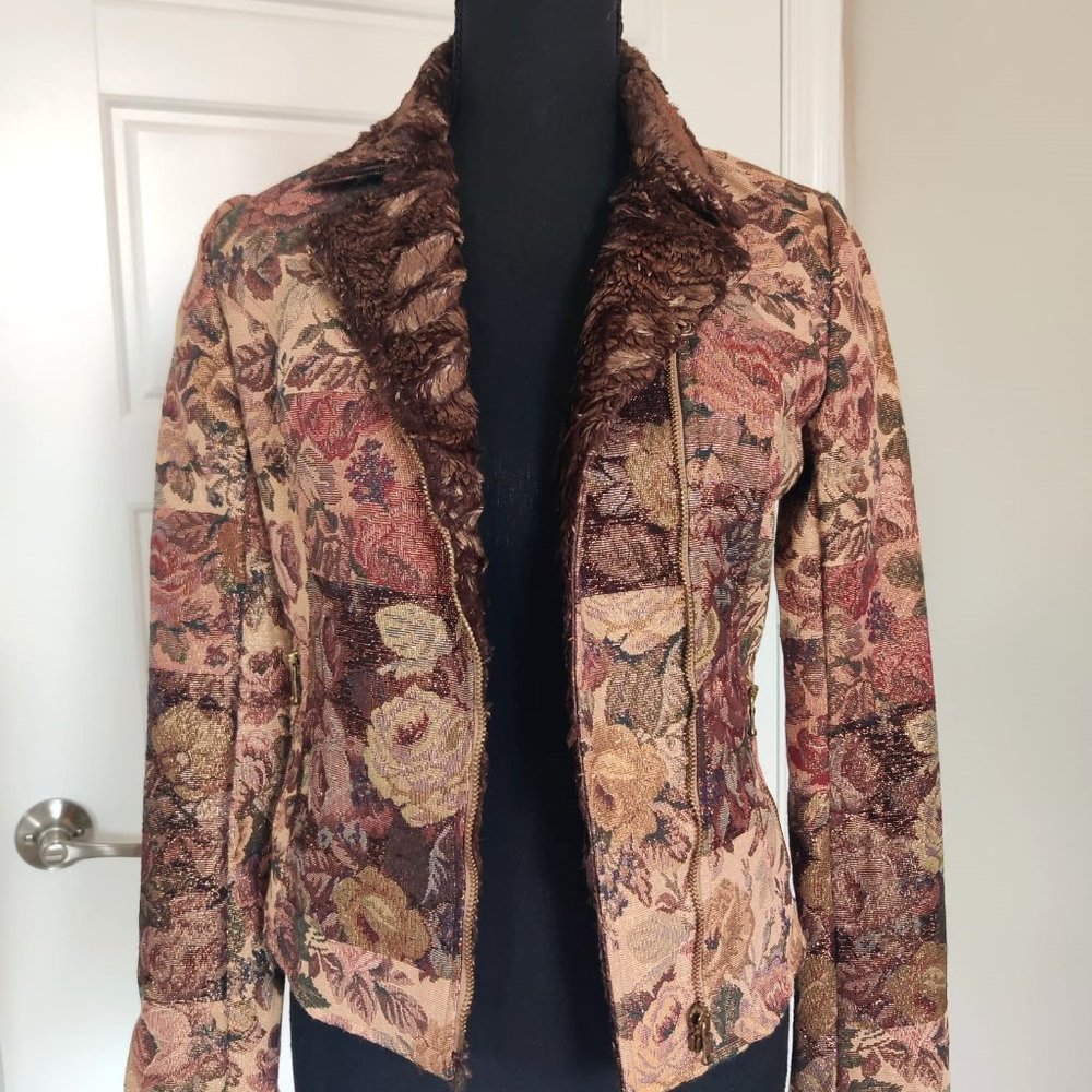 Met Jeans moto jacket with zipper in Taupe floral print- Size S